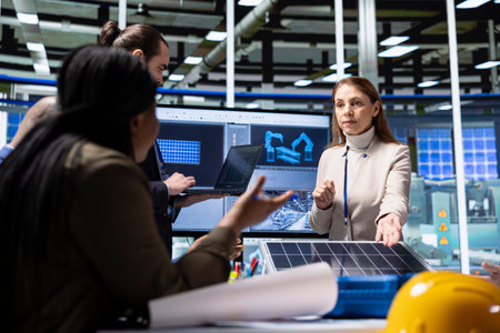 Factory managers presenting solar panel products to shareholders, emphasizing cutting edge...