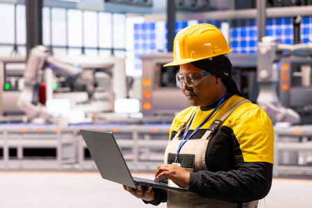 In modern facility, African american female engineer using her laptop to oversee production,...