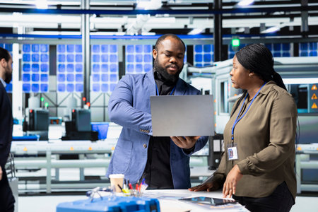 Factory inspectors and supervisors engaging in briefing over production metrics, supporting...