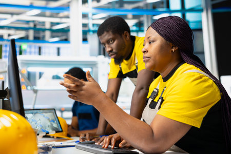 Photovoltaics plant team reviewing solar panels manual production, monitoring the performance on...