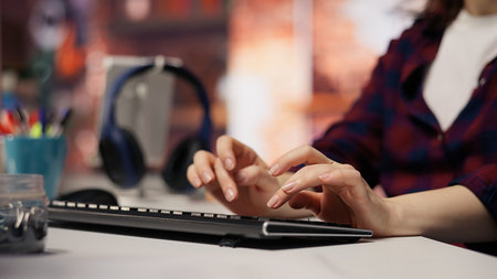 Startup engineer conducting detailed code review to fix bugs, identifying potential performance and technical issues with company software. IT worker debugging and optimizing code, camera B closeupの写真素材