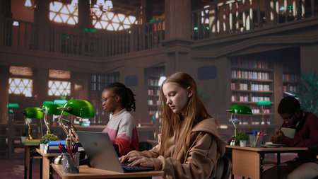 Student girl reading a literature book to collect citations for her diploma paper, ensuring a plagiarism free bachelor paperwork at the library. Pupil takes notes on her laptop. Camera B.の写真素材