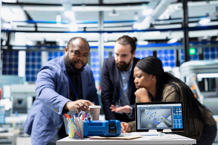 Multiethnic master engineers group examining solar panels production in a factory, ensuring a good...
