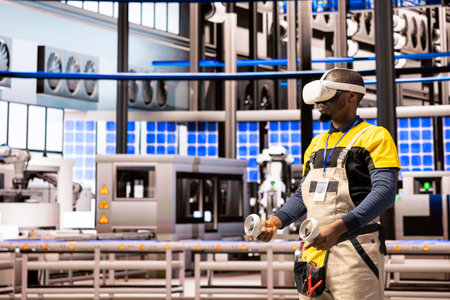 Black male engineer in smart photovoltaics facility tracking system performance with artificial...