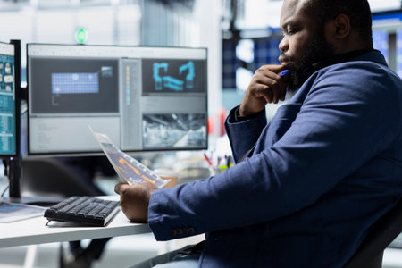 Black industrial specialist evaluates solar panel units for defects on pc, ensuring the production...