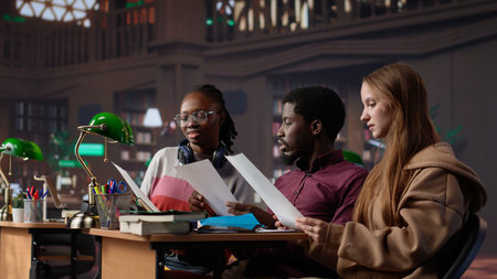 University students learning accounting principles and financial analysis for business administration courses, leveraging textbooks and materials in the library. Entrepreneurship.の写真素材