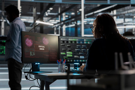 Woman in server room finding glitches while overseeing AI systems. Data center IT professional...