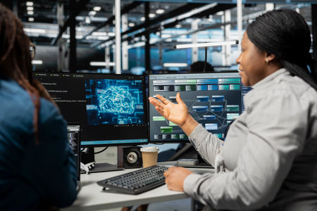 Data center engineering team talking in office, using artificial intelligence computerized model....