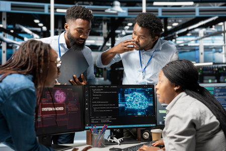 Technicians in AI server hub brainstorm ways to defend against hacker attack stealing sensitive...