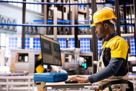 Black male technician manages autonomous manufacturing system, overseeing robotic arms and conveyor...