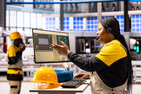 Smart factory engineer tracks automated assembly line using computer, optimizing robotic arm...