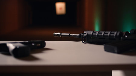Rifle and pistol at shooting range to be used in training designed to increase safety and survivability in combat, close up. Military handguns to be used in practice, handheld camera shotの写真素材