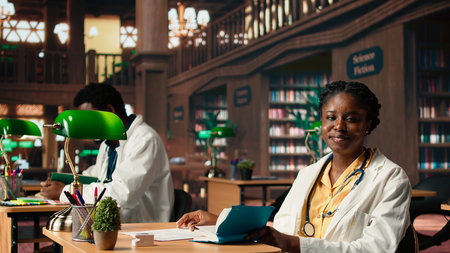 Focused medical student enjoys reading a textbook on pharmacology, preparing for an important exam....
