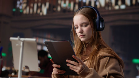 Young girl listening to educational documentary on laptop and taking notes, using modern non conventional way to study in the quietness of university library. Collects academic data. Camera A.の写真素材