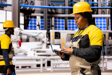 Professional engineer monitors advanced automated system in industrial plant, ensuring seamless robotic manufacturing. African american woman overseeing maintenance of conveyor belt in smart factory.の写真素材