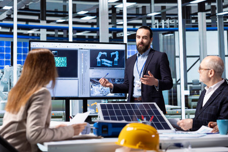 Photovoltaics factory executives planning strategic investment decisions, going over data. Investor and solar panels factory management team standing together discussing business dataの写真素材