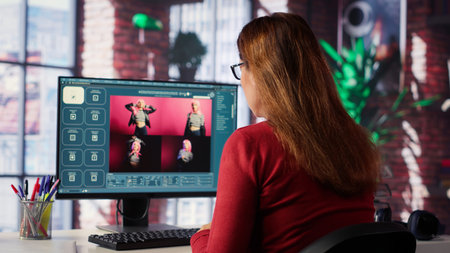 Graphic designer using AI chatbot turning text prompt into photos and retouching, ensure original content for clients. Creative woman using machine learning for photographer portfolio. Camera A.の写真素材