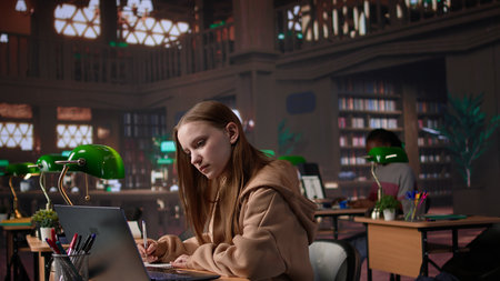 Academic student working on diploma essay in a calm library environment, employing mixed educational...