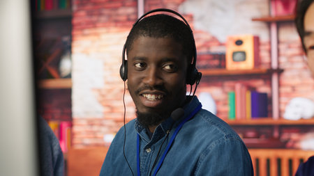 Customer service agent answer customer questions related to products or services. Call center employee managing incoming and outgoing calls, handling customer complaints, camera Aの写真素材