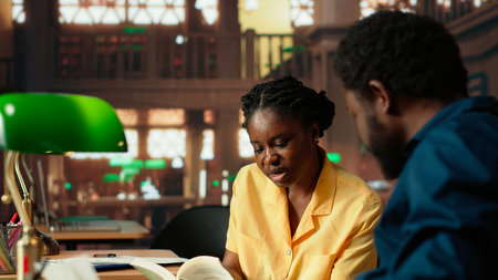 Diligent students reciting poetry together at the campus library, studying for a literature exam. Team of pupils showcasing productivity and commitment for self improvement. Camera B.の写真素材
