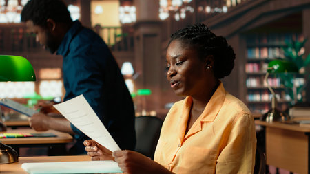Female scholar engrossed in her studies at a university library desk with notebooks and papers, consulting the academic database for exam preparations. Knowledge and self improvement. Camera B.の写真素材