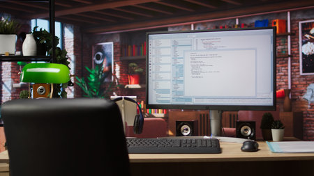 Lines of code written on PC workstation screen on development tool application. Debugging software...