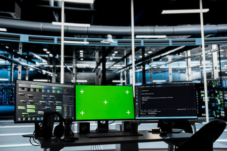 Green screen computers in data center used for managing energy consumption. Mockup PCs in high tech...