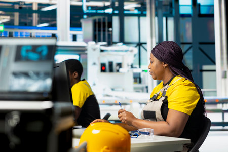 Engineer configures solar panel systems on PC in modern factory, working on energy optimization software. Expert manages photovoltaic operations in a high tech, automated facility.の写真素材