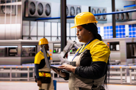 Professional engineer inspects machinery in automated factory using tablet to monitor system performance. Technician ensures robot arm operations and industrial automation in smart manufacturing plantの写真素材
