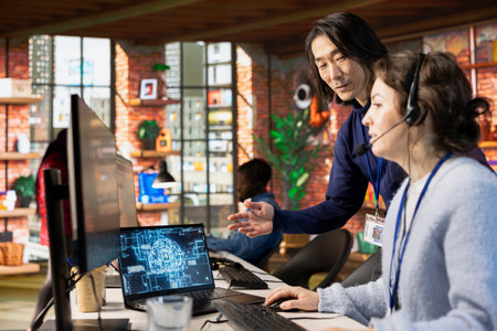 Call center onboarding specialist providing training to new agent on helpful AI tools. Manager in...
