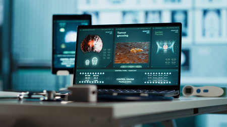 Empty medical office equipped with diagnostic tools and blood pressure monitor set for healthcare consultations and medical research to provide accurate diagnosis and patient care.の写真素材