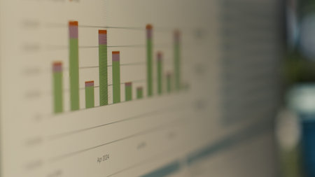 Close up of computer screen displaying financial bar graph of company profits performance metrics. Data analytics on PC monitor showing corporate business earnings reportsの写真素材