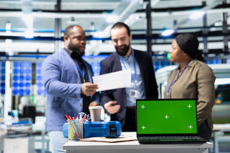 Professionals engineering group reviews next to chroma key, showcasing unity in green technology and eco friendly renewable energy. Operational leadership in manufacturing industry.の写真素材