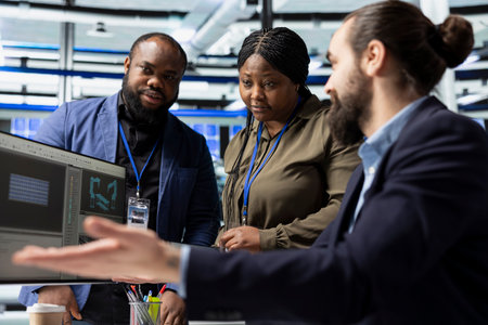 Multiethnic group of factory engineers in business attire checking equipment and manufacturing...