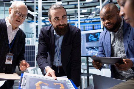 Businesspeople in production plant brainstorming. Investors and factory management colleagues...