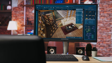 Architectural design software on computer in home office used for moving interior design project...