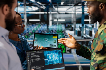 Military technicians in secure data center monitoring AI tech systems. Black army operator in server...