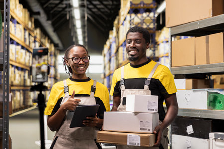 African American workers collaborating on a video marketing campaign in a storage room, fulfillment center retail operations. Coworkers live streaming vlog as commercial for large business.の写真素材