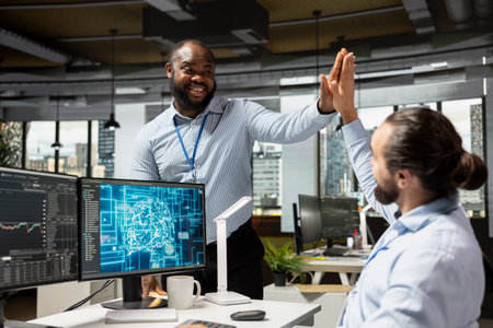 Happy traders doing high five, pleased after gaining money by using AI for stock exchange analysis....