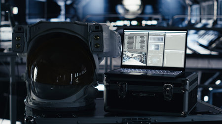 Laptop display in space station showing telemetry software during orbital flight. Notebook screen displaying spacecraft mission control interface during planetary expeditionの写真素材