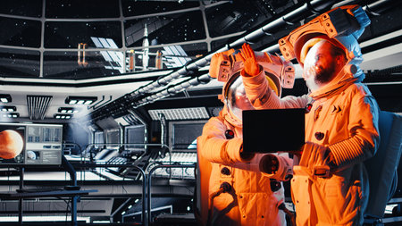 Team of astronauts shielding eyes from bright light flooding shuttle from alien vessel. Orbit station colleagues awaits first contact with extraterrestrial presence approachingの写真素材