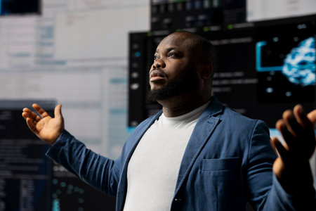 African American developer working in a cyber environment with AI programming language and data...