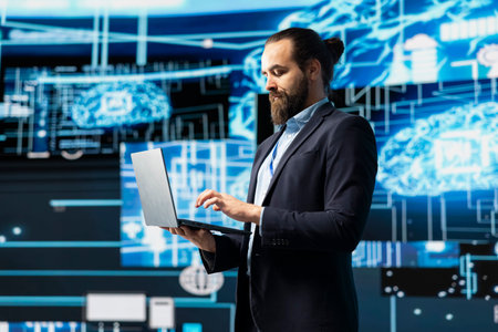 Engineer studying AI brain for data structures and predictive analytics, highlighting smart...