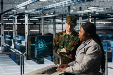 Military server room engineers integrating artificial intelligence into defense infrastructure...