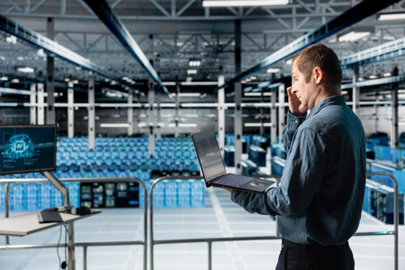 Data center computer scientist reviewing code for AI automation scripts. Server hub IT expert runs...
