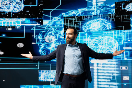 Ambitious businessman being proud of his AI brain neural network system for innovation, employing machine learning for data visualization and cloud computing. Cybernetics empowerment.の写真素材