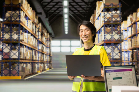 Asian worker blends retail and logistics operations with a laptop, processing custom orders and...