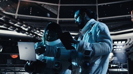 Astronaut looks at interface showing orbital path, chatting with colleague during space mission. Teamworking cosmonauts troubleshooting hardware during mankind survival expeditionの写真素材