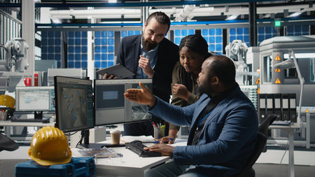 Black industry engineers team working together on solar panel systems during a production...