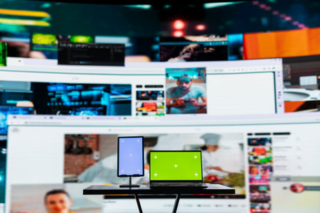 Mockup devices and multimedia collage illustrating entertainment concept. Mockup notebook with tablet and interactive digital interface showcasing diverse internet media clipsの写真素材